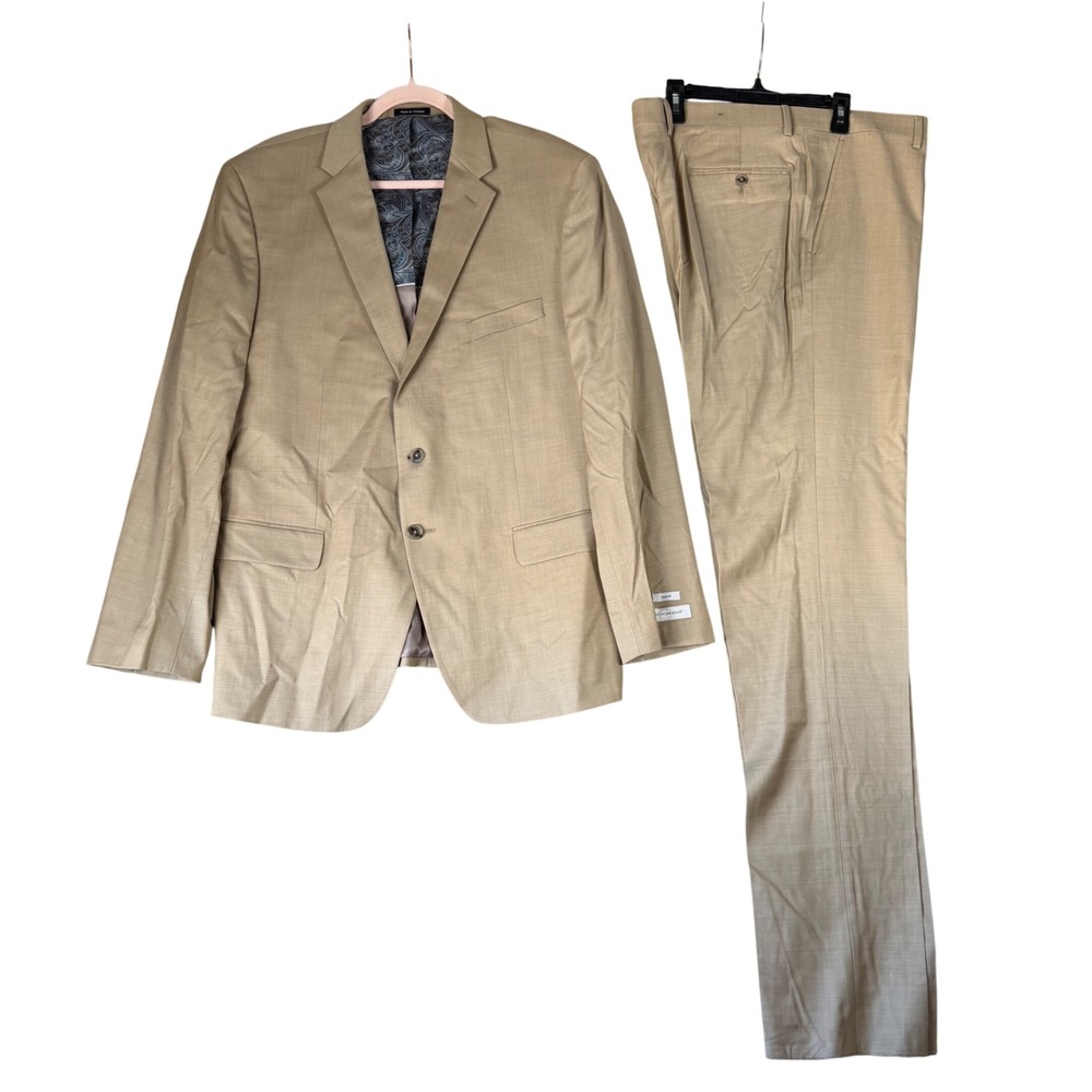 Joseph Abboud White Men Tan Slim Fit 2 Piece Suit 46R Jacket 40W Pants Wool